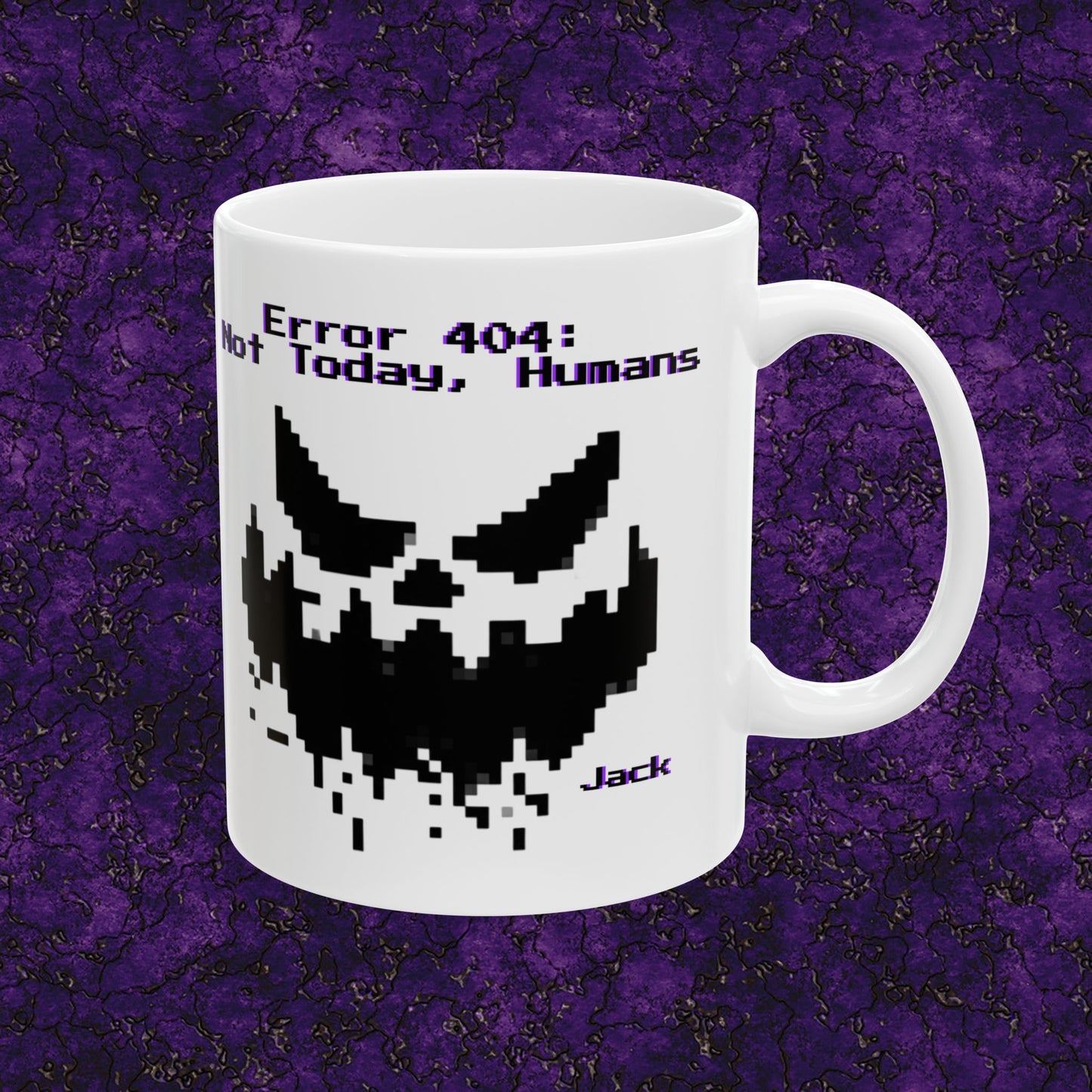 Error 404: Not Today, Humans Mug – Pixel Face Design – Customizable Geek & Gamer Gift – Spooky Coffee & Tea Cup – Halloween / Tech Humor