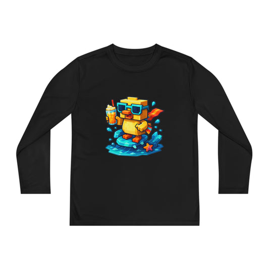 Custom Youth Long Sleeve Surfing Pixel Duck Tee – Personalized Name Shirt for Boys & Girls