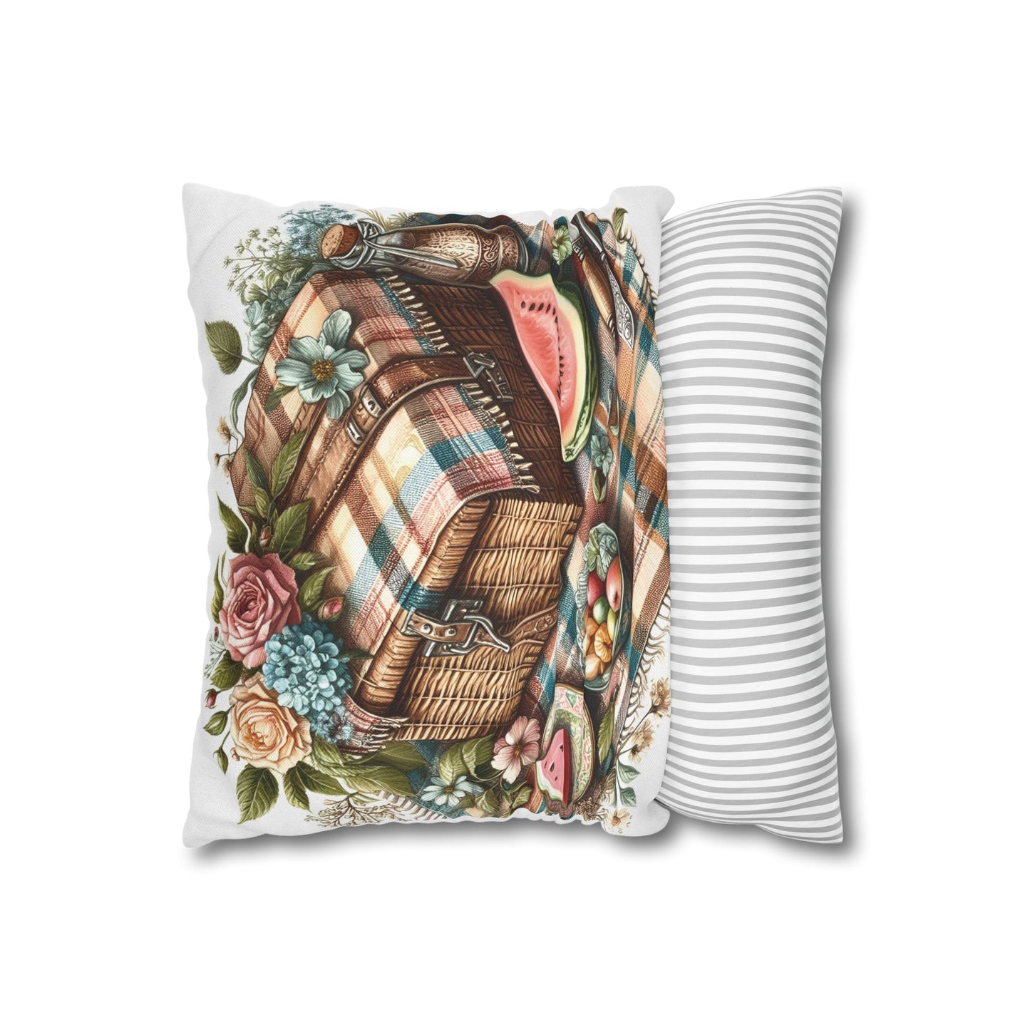 Vintage Picnic Basket Throw Pillow - Floral Design