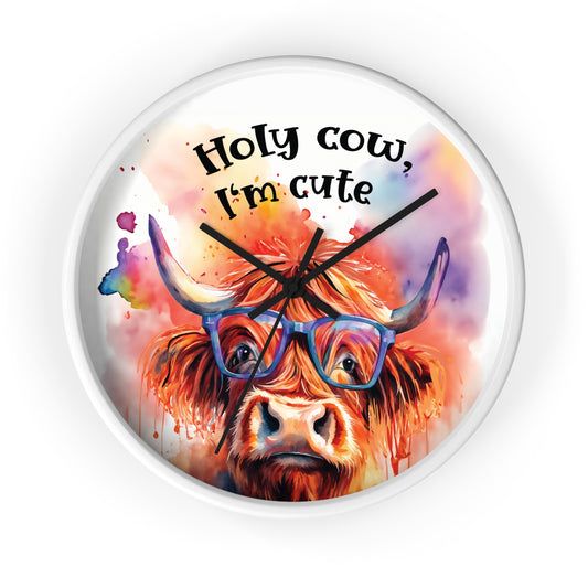 Holy Cow I'm Cute" Watercolor Highland Cow Wall Clock - Farmhouse Decor & Funny Gift