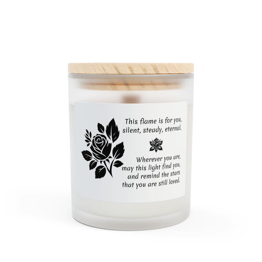 Memorial Candle with Black Rose – Frosted Glass, Poetic Quote & Wooden Wick.
