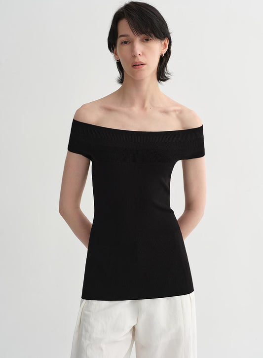Mulberry Silk Blend One-Shoulder Top. Elegant Knit, Off-Shoulder Design