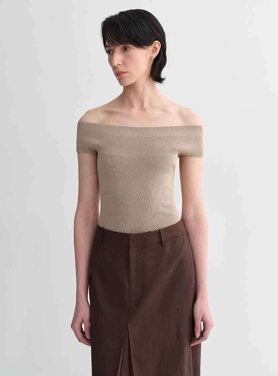 Mulberry Silk Blend One-Shoulder Top. Elegant Knit, Off-Shoulder Design