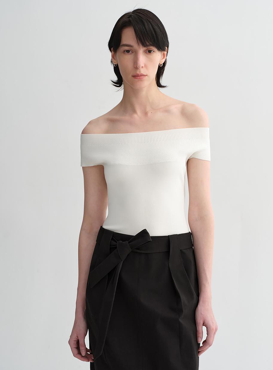 Mulberry Silk Blend One-Shoulder Top. Elegant Knit, Off-Shoulder Design