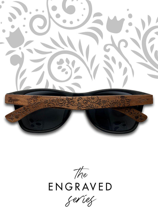 Oasis Wooden Sunglasses. Engraved Rosewood, Polarized UV400, Handmade