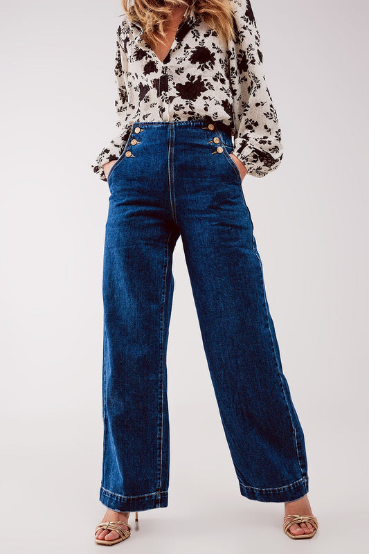 Button Front Mid Blue Jeans. Relaxed Wide Leg, True to Size & Functional
