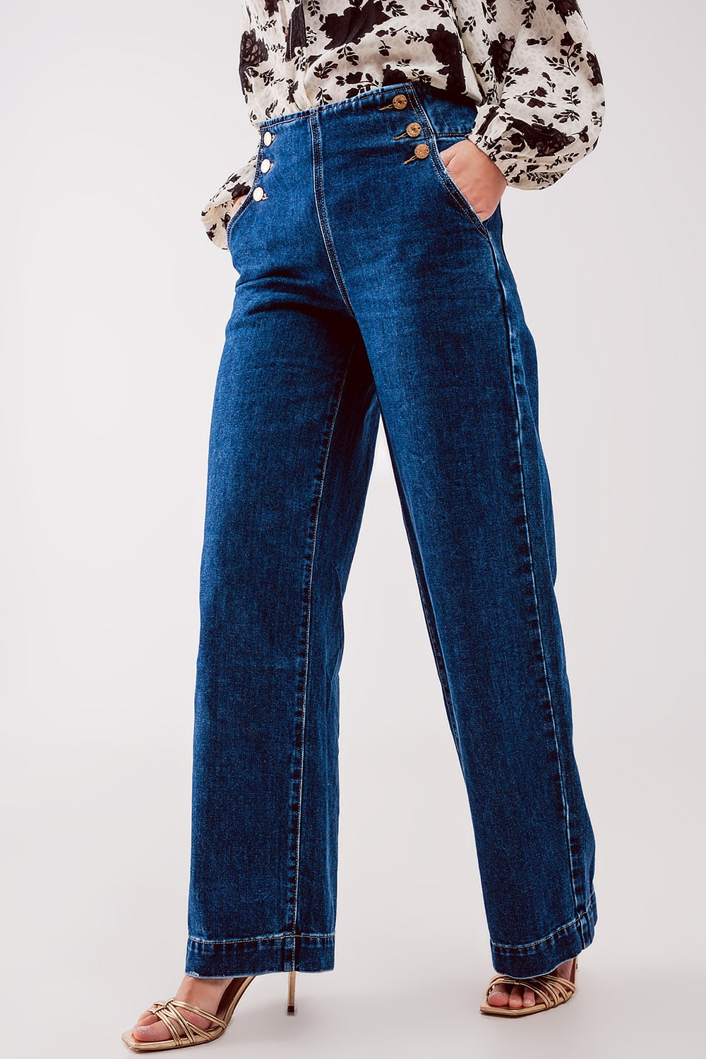 Button Front Mid Blue Jeans. Relaxed Wide Leg, True to Size & Functional