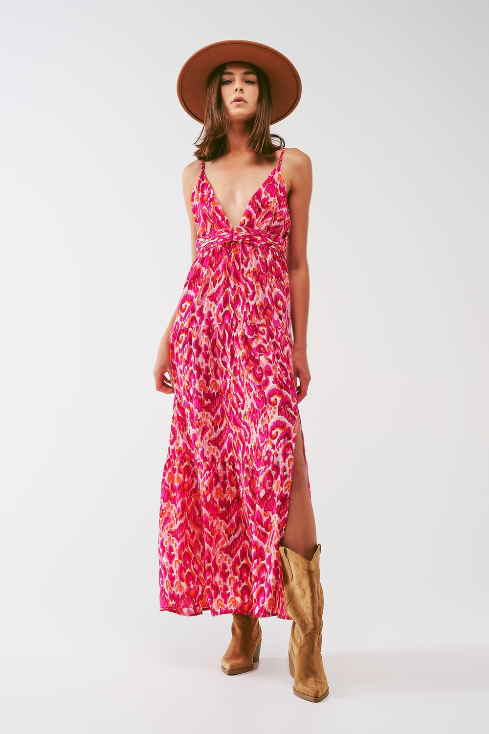 Pink Floral Maxi Dress. V-Neck, Flowy Fit & Romantic Side Splits Pink Floral Maxi Dress. V-Neck, Flowy Fit & Romantic Side Splits