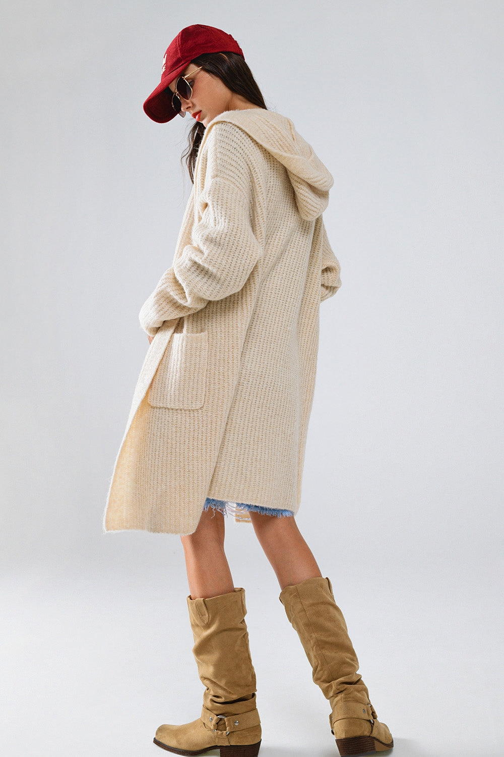 Cream Hooded Ribbed Cardigan. Long Knit, Pockets & Relaxed Boho Fit