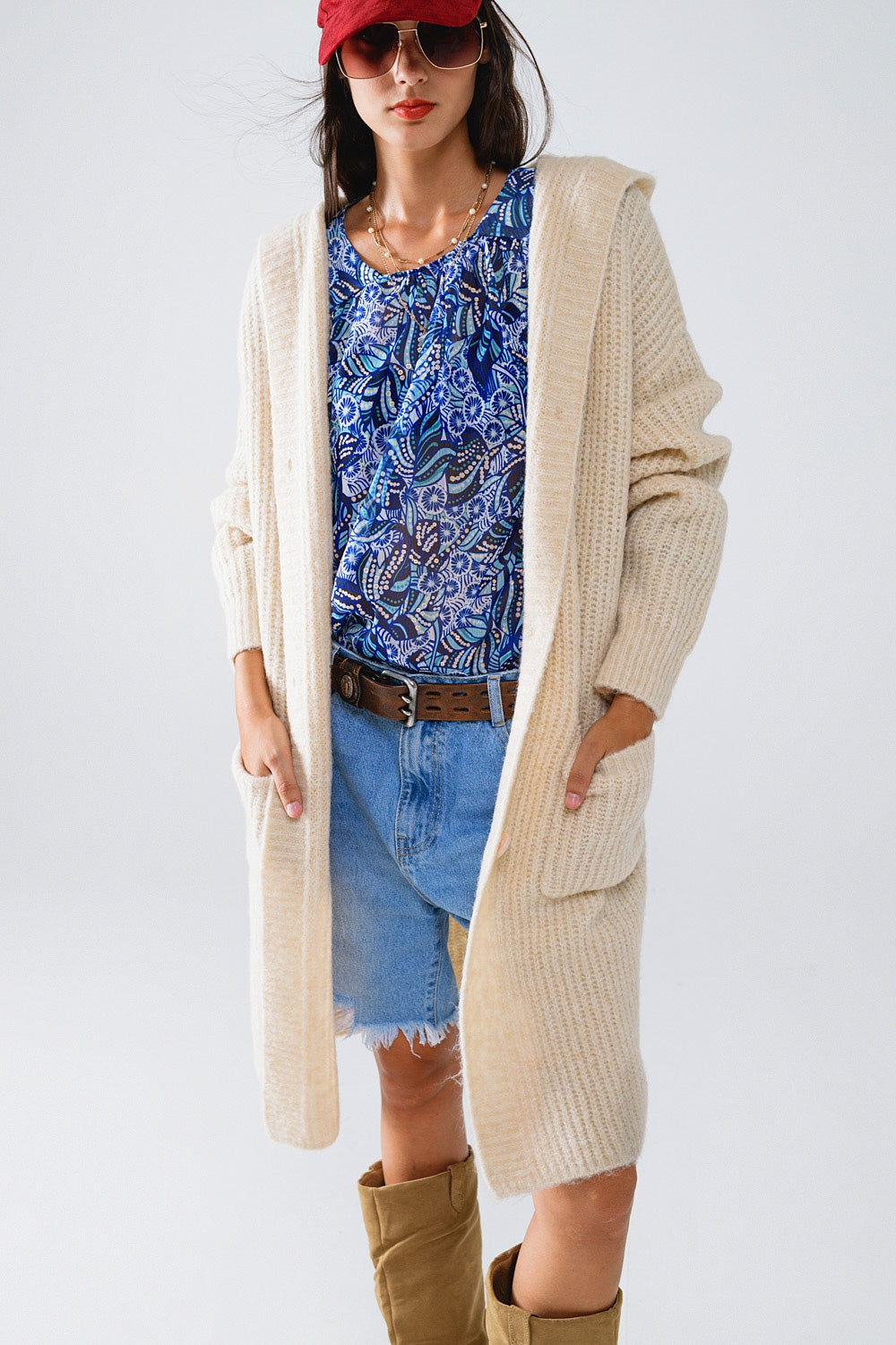 Cream Hooded Ribbed Cardigan. Long Knit, Pockets & Relaxed Boho Fit