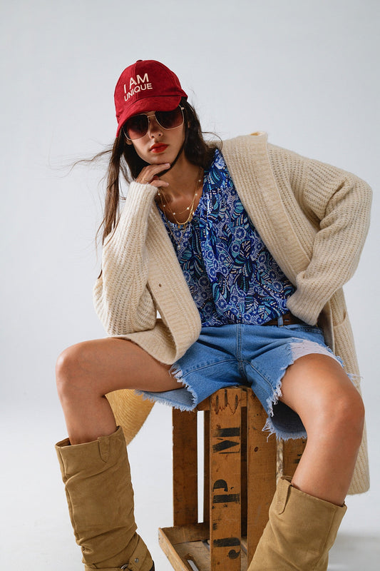 Cream Hooded Ribbed Cardigan. Long Knit, Pockets & Relaxed Boho Fit