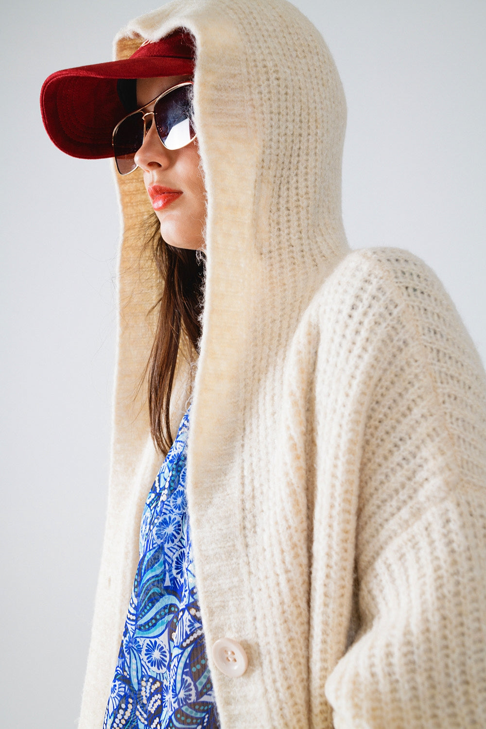 Cream Hooded Ribbed Cardigan. Long Knit, Pockets & Relaxed Boho Fit