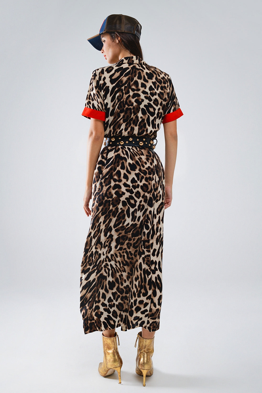 Leopard Maxi Shirt Dress. Red Contrast Details & Button-Down Elegance