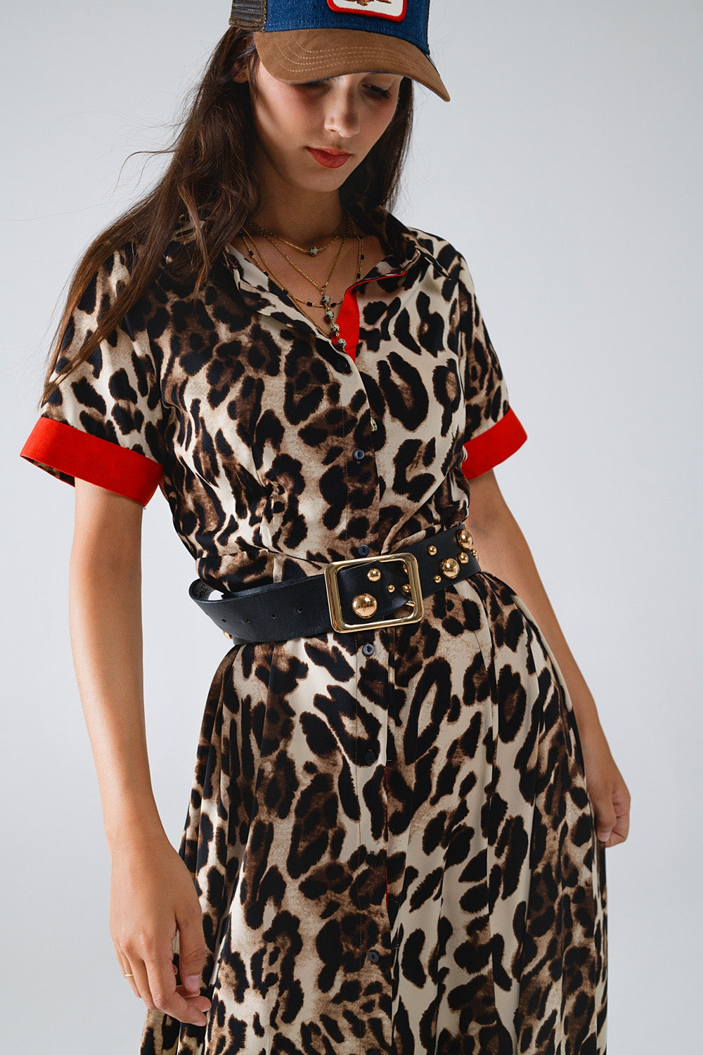 Leopard Maxi Shirt Dress. Red Contrast Details & Button-Down Elegance