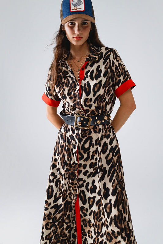 Leopard Maxi Shirt Dress. Red Contrast Details & Button-Down Elegance
