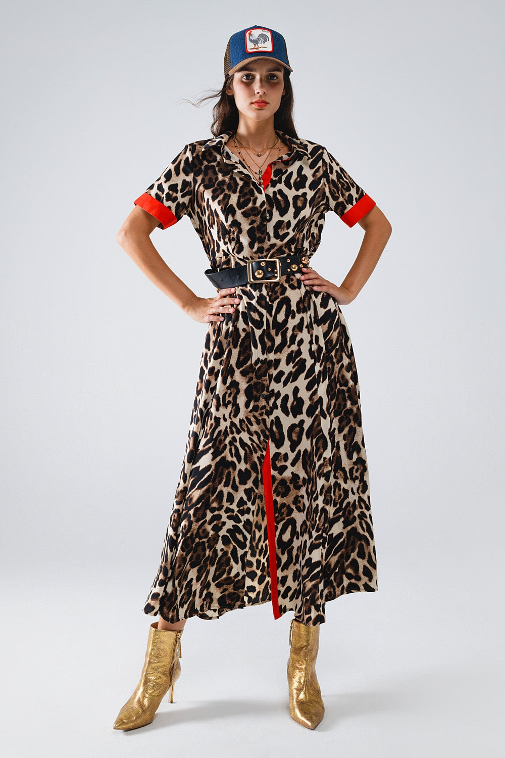 Leopard Maxi Shirt Dress. Red Contrast Details & Button-Down Elegance
