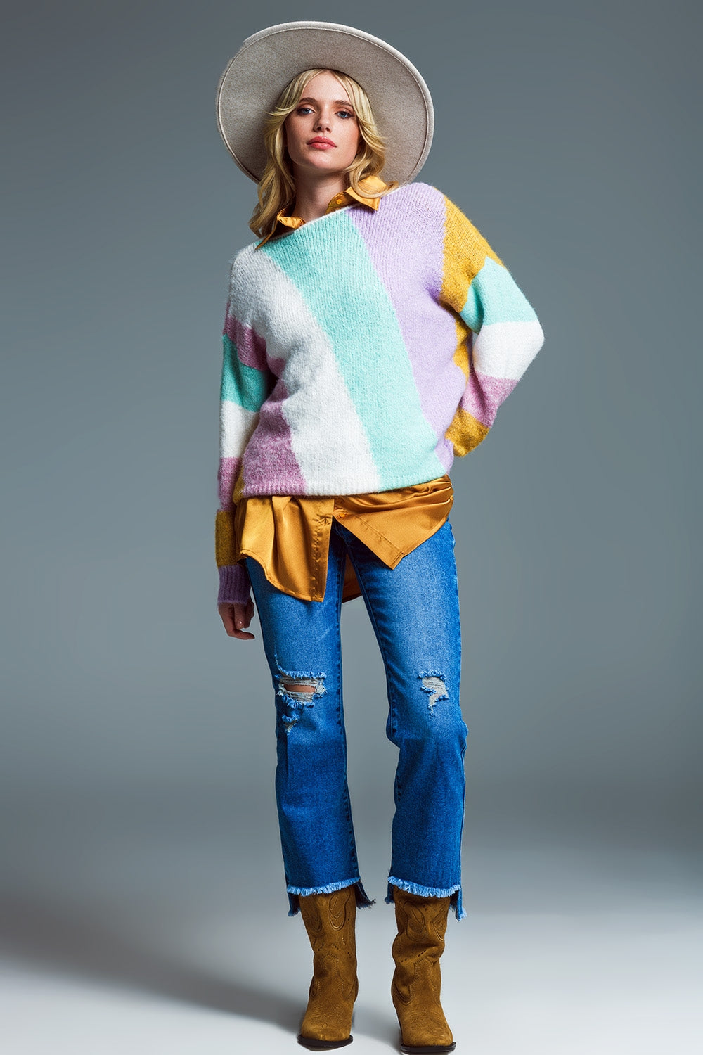 Pastel Stripe Knit Sweater – Chunky Knit, Relaxed Fit & Boat Neck