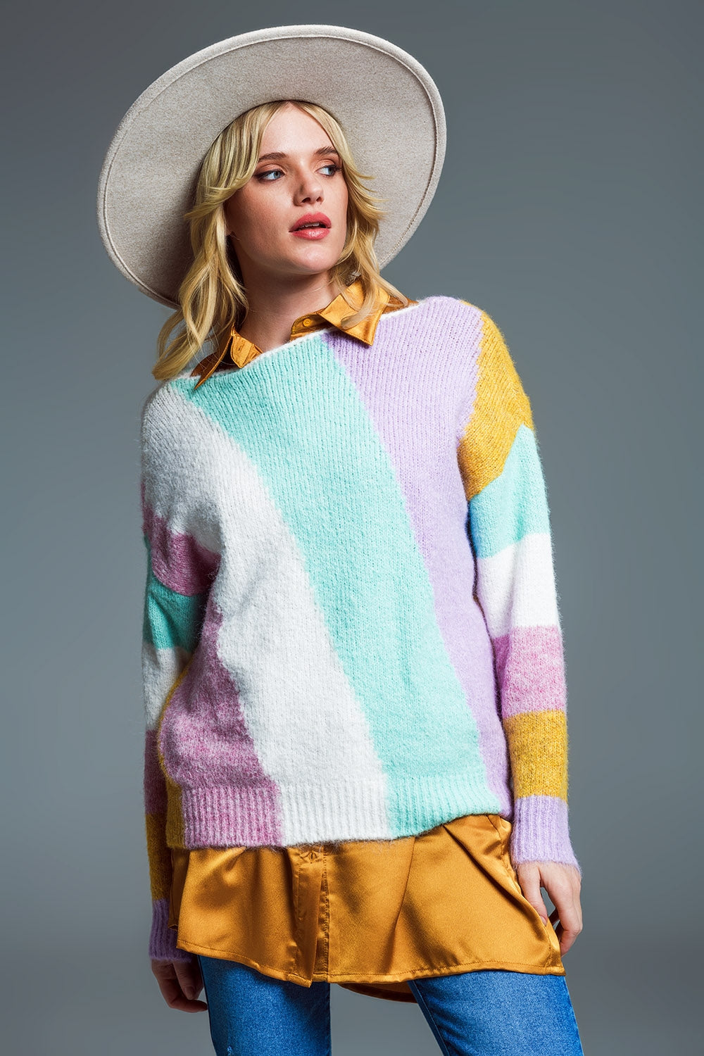 Pastel Stripe Knit Sweater – Chunky Knit, Relaxed Fit & Boat Neck