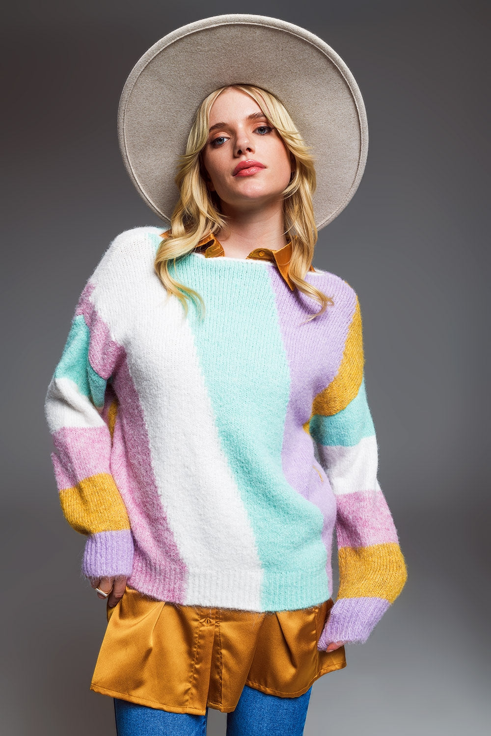 Pastel Stripe Knit Sweater – Chunky Knit, Relaxed Fit & Boat Neck