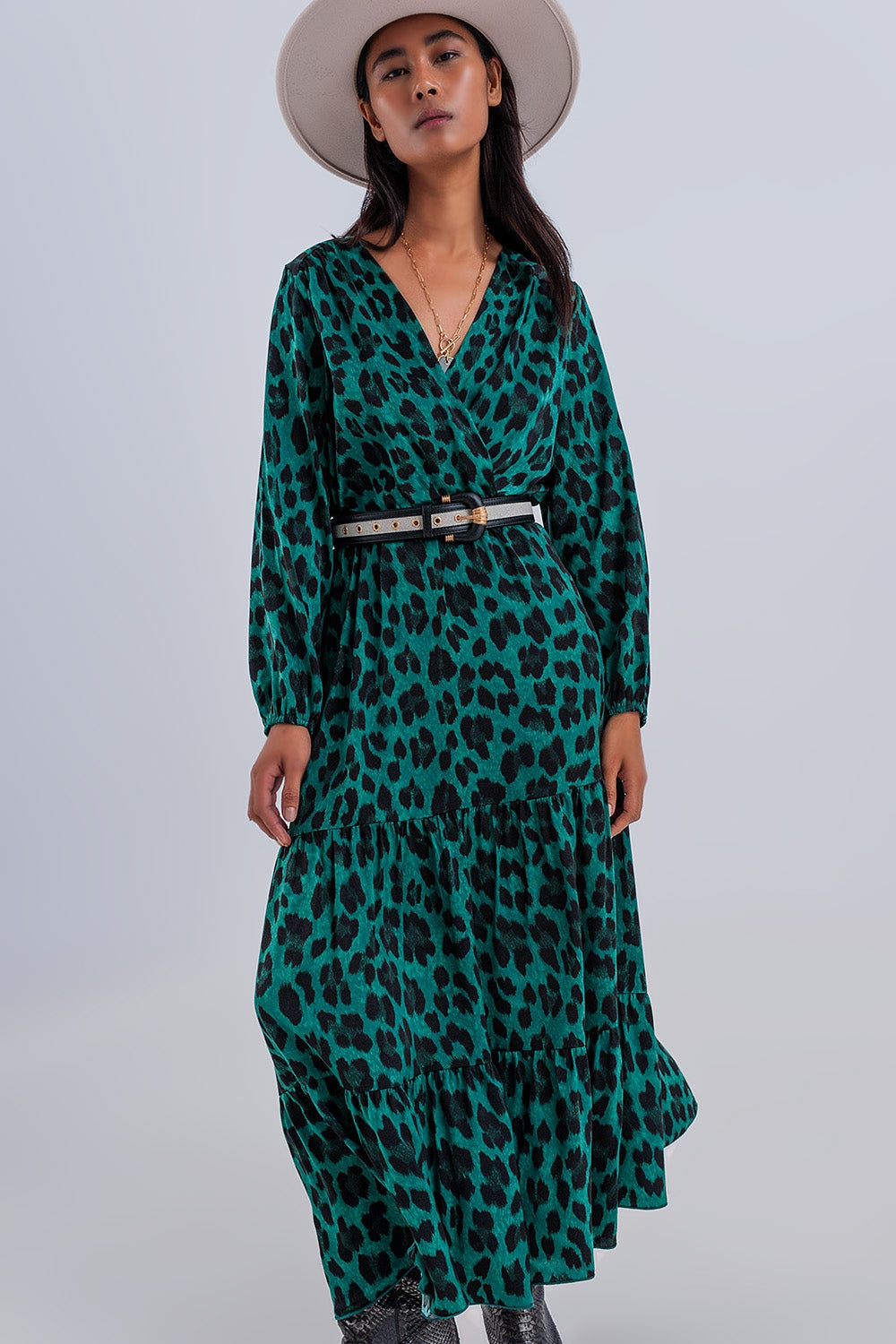 Green Animal Print Maxi Wrap Dress ๐พ Boho Style, Long Sleeves & Flow