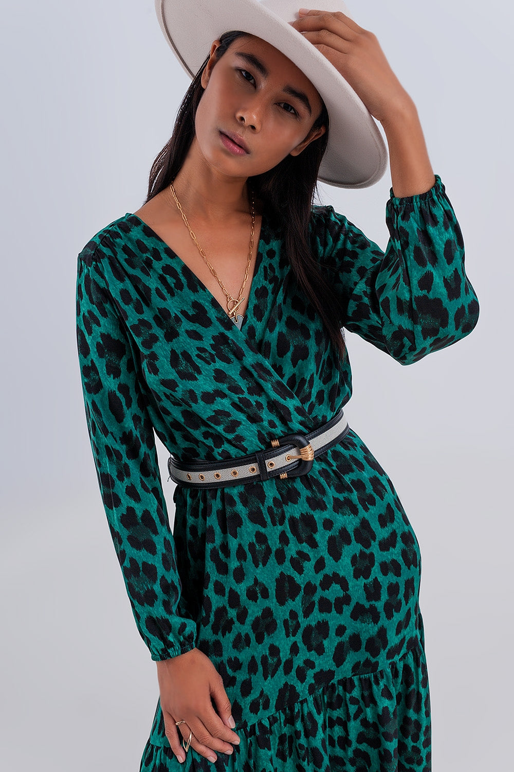 Green Animal Print Maxi Wrap Dress ๐พ Boho Style, Long Sleeves & Flow
