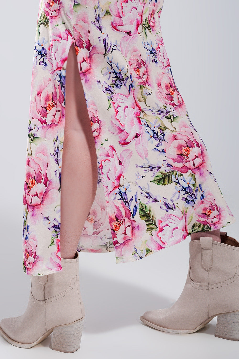 Pink Rose Satin Midi Dress. V-Back, Lace Trim & Romantic Thigh Split