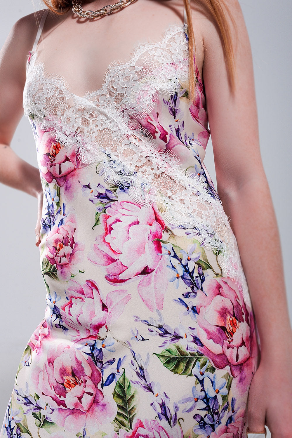 Pink Rose Satin Midi Dress. V-Back, Lace Trim & Romantic Thigh Split