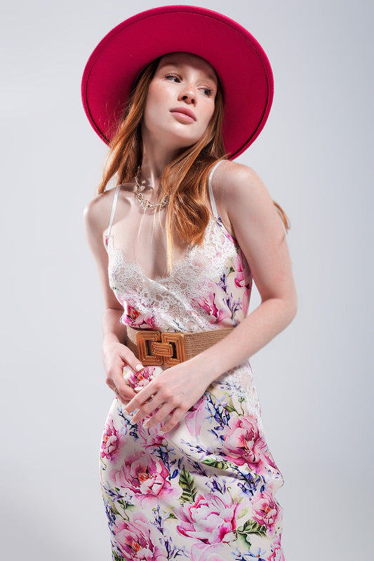 Pink Rose Satin Midi Dress. V-Back, Lace Trim & Romantic Thigh Split