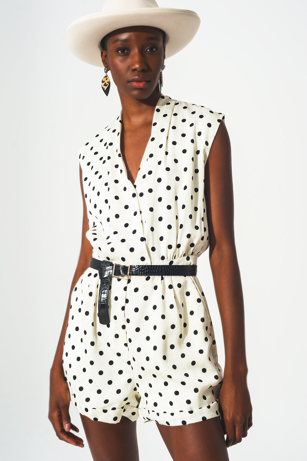 Spot Print Wrap Playsuit. V-Neck, Sleeveless & Lightweight Fabric