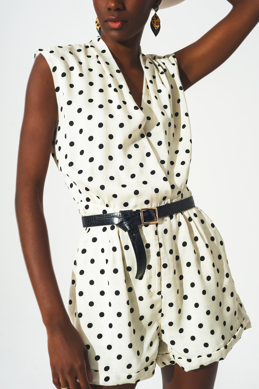Spot Print Wrap Playsuit. V-Neck, Sleeveless & Lightweight Fabric