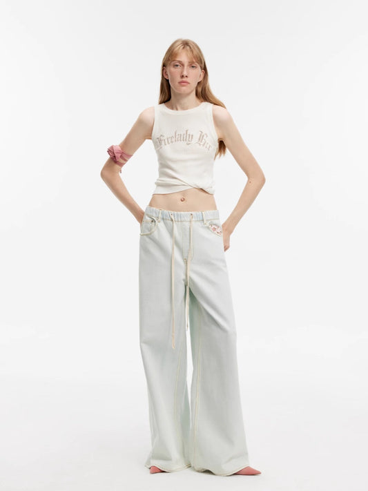 “Mint Whisper” Wide-Leg Jeans. Luxury Turkish Denim, Drawstring Waist