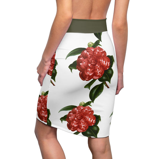 Floral Women's Pencil Skirt - Elegant Camellia Pattern