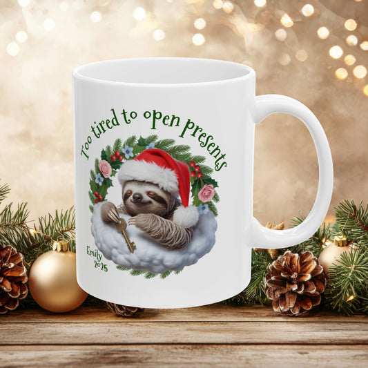 Personalized Christmas Sloth Mug – Custom Name, Quote & Year | Funny Holiday Coffee Cup, Cute Animal Gift, Cozy Winter Ceramic Tea Mug