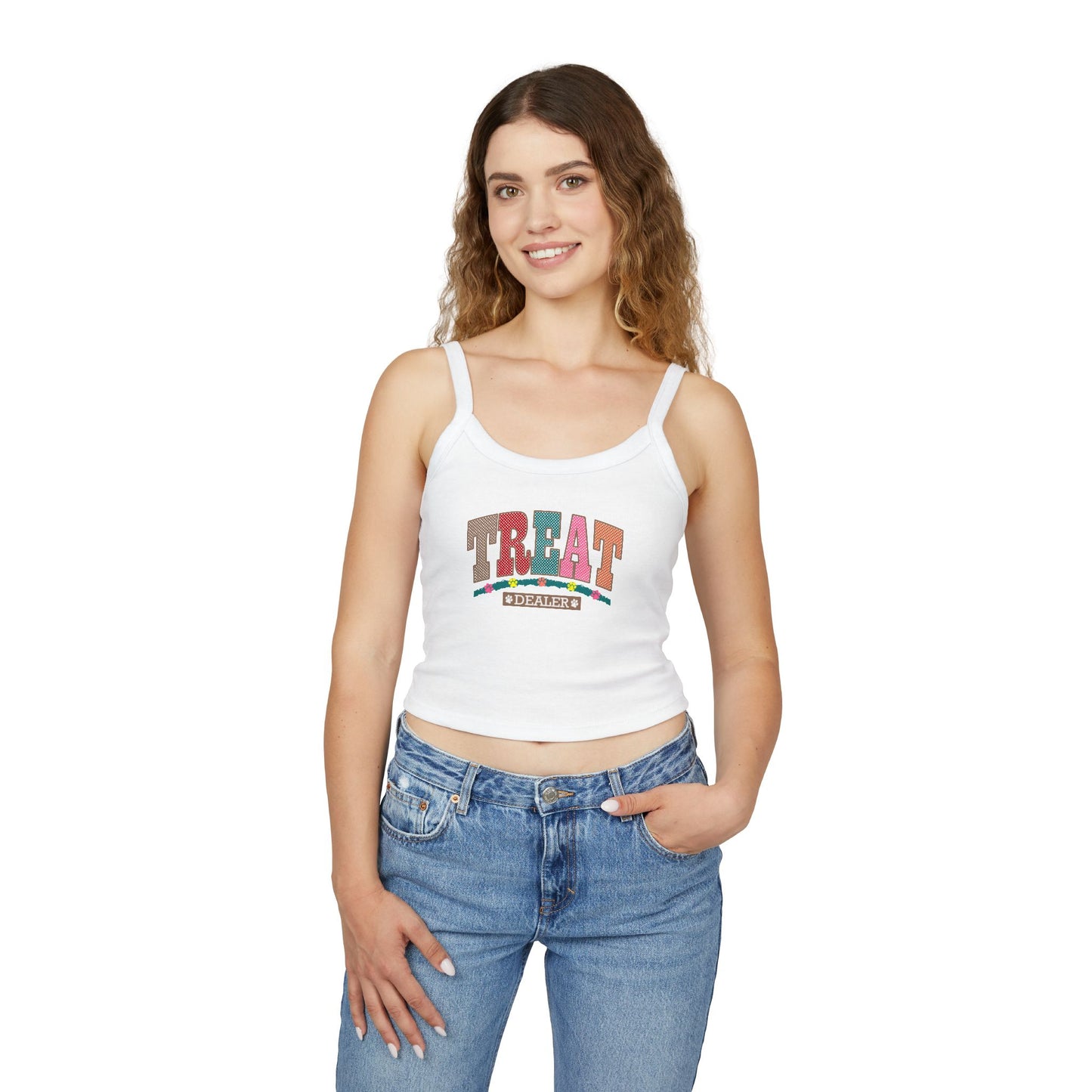Funny Women's Spaghetti Strap Tank Top - "Treat Dealer" - Perfect for Summer Parties and Casual Wear