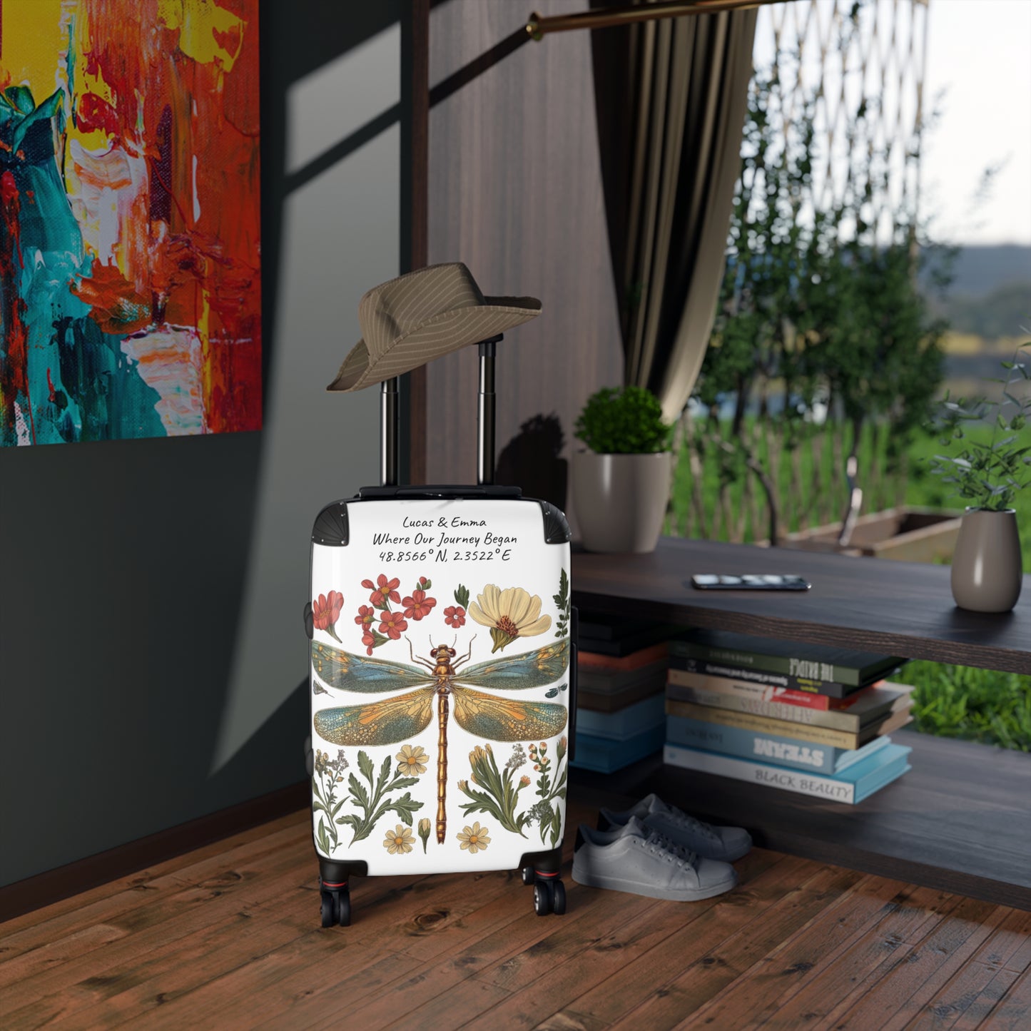 Personalised Dragonfly Suitcase Custom Botanical Luggage with Name Coordinates Travel Bag Gift for Couple Honeymoon Travel Suitcase