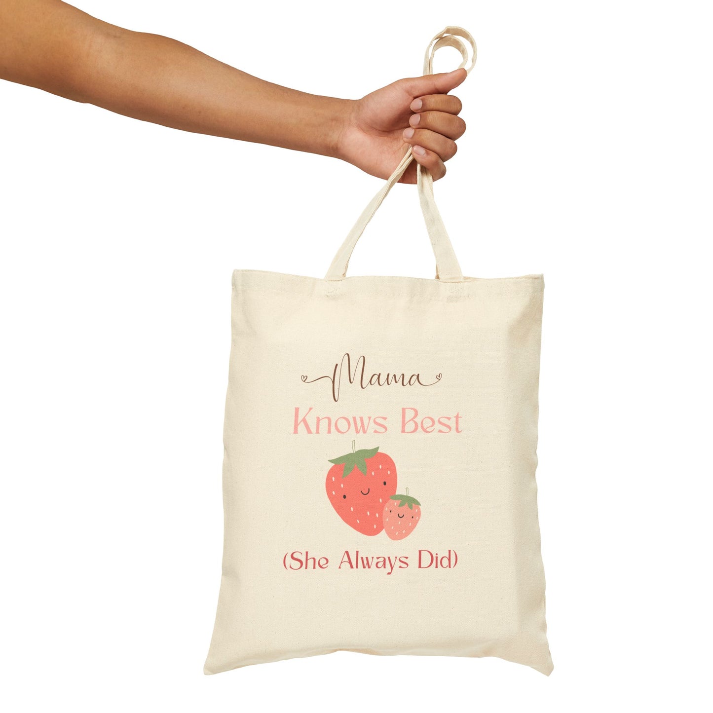 Mama Knows Best Strawberry Tote Bag - Eco-Friendly Cotton Canvas for Mother's Day and Everyday Use