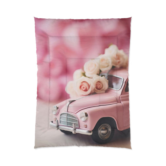 Pink Vintage Car Comforter with Floral Design, Cozy Bedding for Romantic Decor, Gift for Valentine's Day, Home Decor, Bedroom Quilt