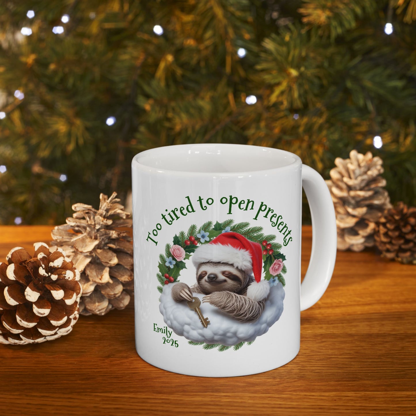 Personalized Christmas Sloth Mug – Custom Name, Quote & Year | Funny Holiday Coffee Cup, Cute Animal Gift, Cozy Winter Ceramic Tea Mug