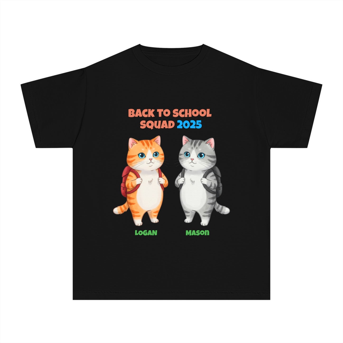 Personalized Back to School 2025 Cat Shirt for Kids – Custom Names & Year – Cute Bestie Tee – Fun Cat Lover Gift for Boys & Girls
