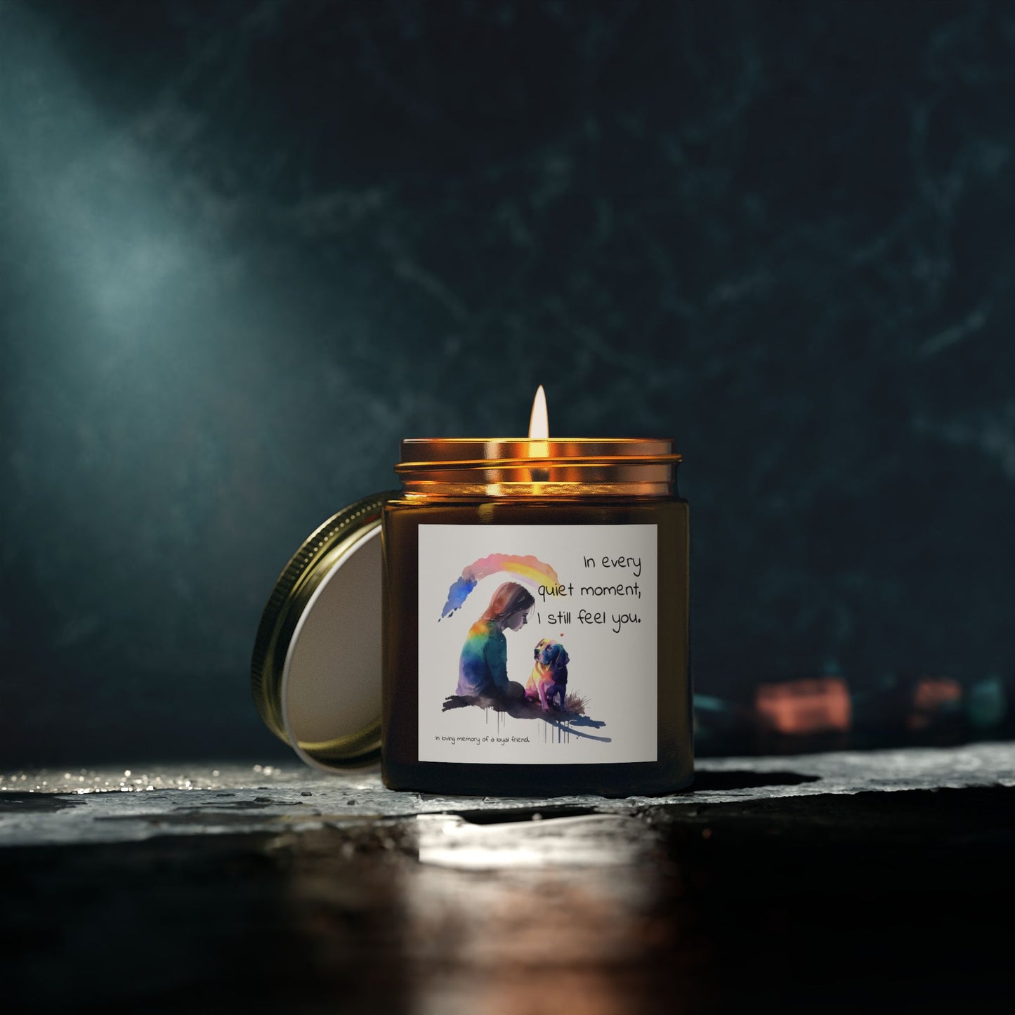 Pet Memorial Candle – “In Every Quiet Moment” Quote with Woman & Dog Illustration | Scented Tribute for a Loyal Friend