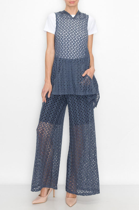 Denim Blue Sleeveless Hoodie & Wide Leg Pants Set | Casual & Chic Fit