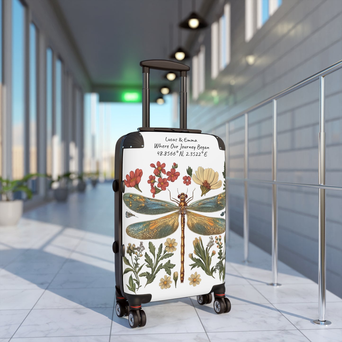 Personalised Dragonfly Suitcase Custom Botanical Luggage with Name Coordinates Travel Bag Gift for Couple Honeymoon Travel Suitcase