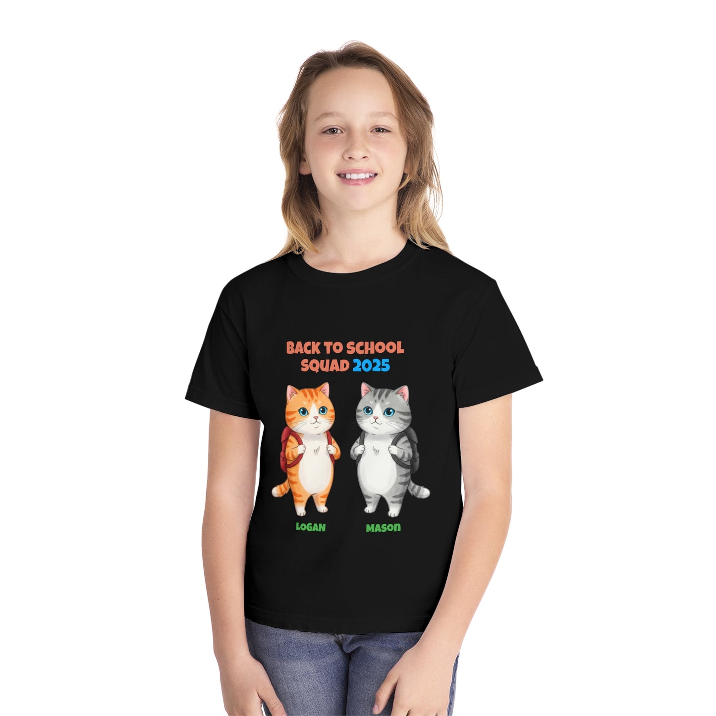 Personalized Back to School 2025 Cat Shirt for Kids – Custom Names & Year – Cute Bestie Tee – Fun Cat Lover Gift for Boys & Girls