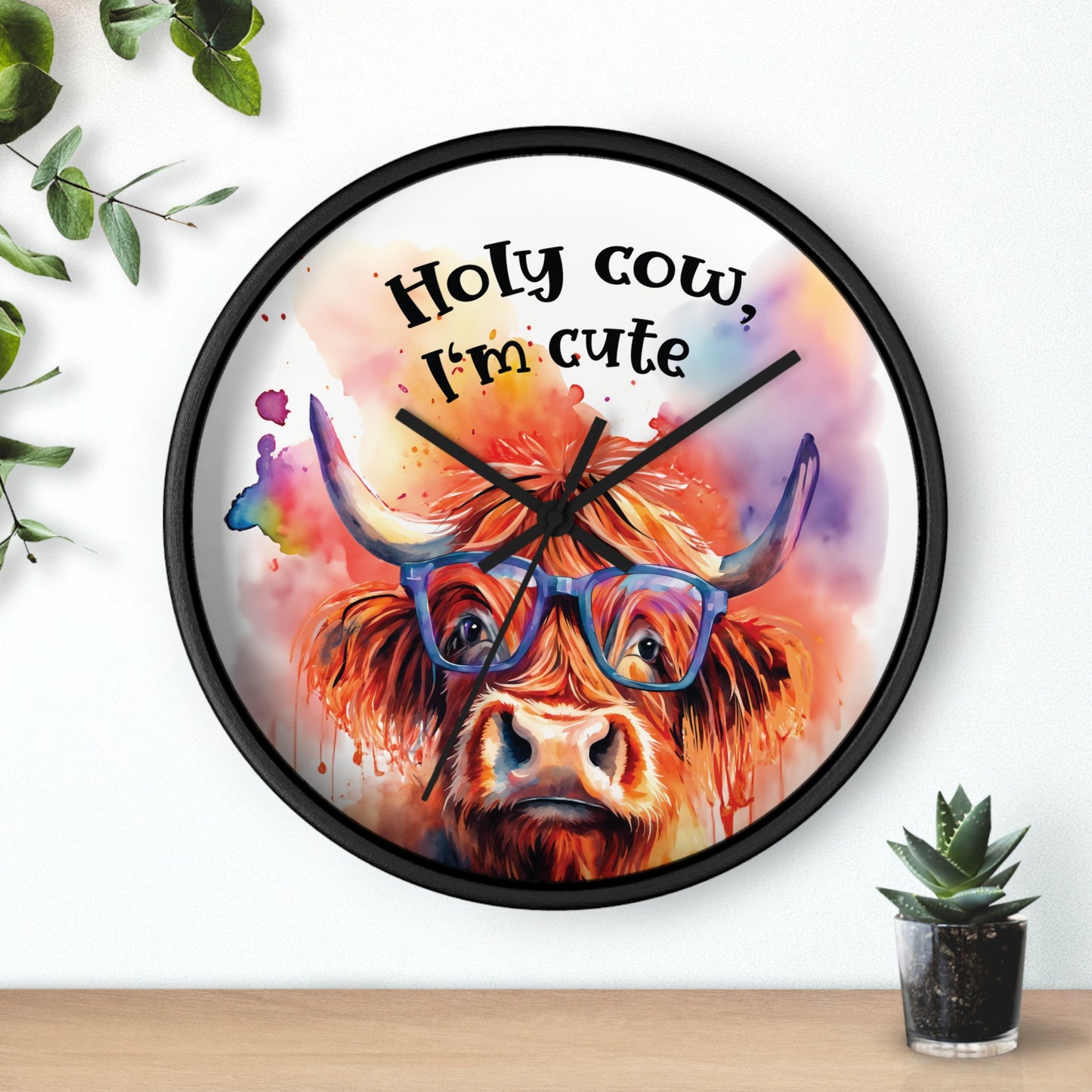 Holy Cow I'm Cute" Watercolor Highland Cow Wall Clock - Farmhouse Decor & Funny Gift