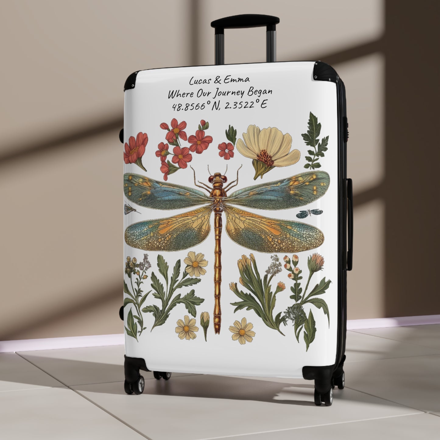 Personalised Dragonfly Suitcase Custom Botanical Luggage with Name Coordinates Travel Bag Gift for Couple Honeymoon Travel Suitcase