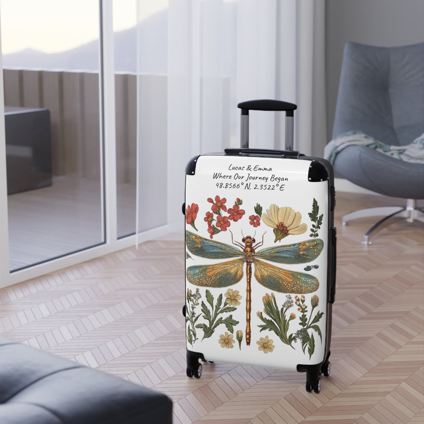 Personalised Dragonfly Suitcase Custom Botanical Luggage with Name Coordinates Travel Bag Gift for Couple Honeymoon Travel Suitcase