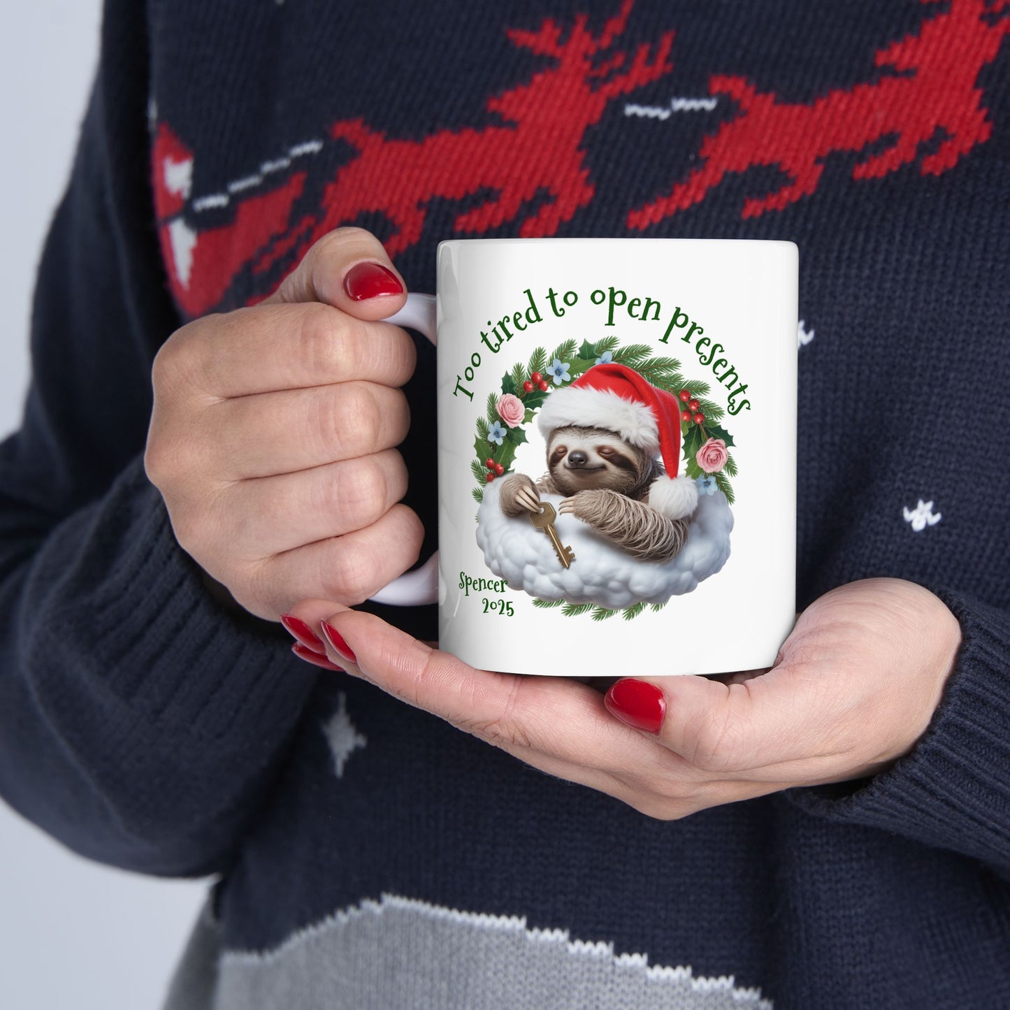 Personalized Christmas Sloth Mug – Custom Name, Quote & Year | Funny Holiday Coffee Cup, Cute Animal Gift, Cozy Winter Ceramic Tea Mug
