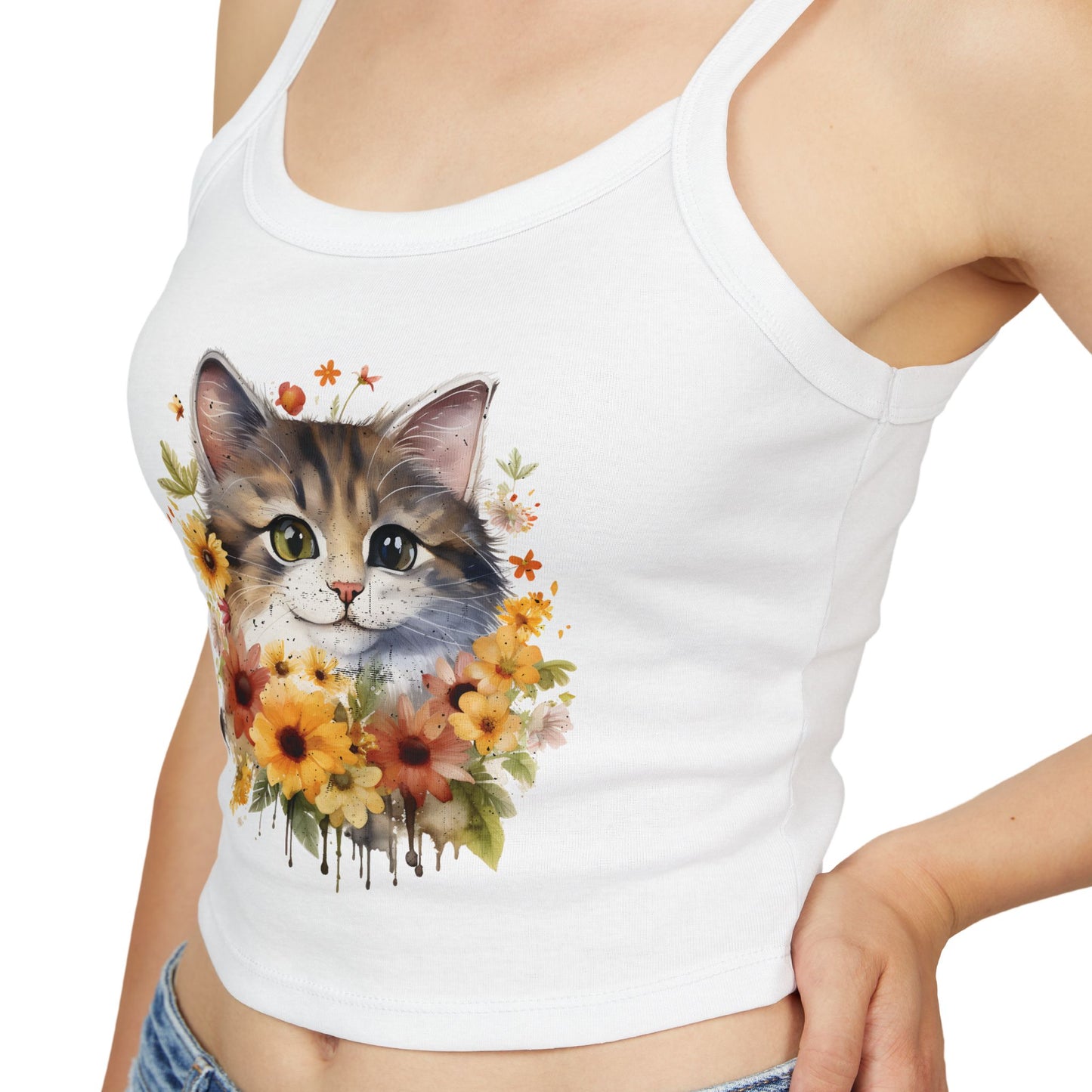 Floral Cat Women's Spaghetti Strap Tank Top - Cute and Stylish