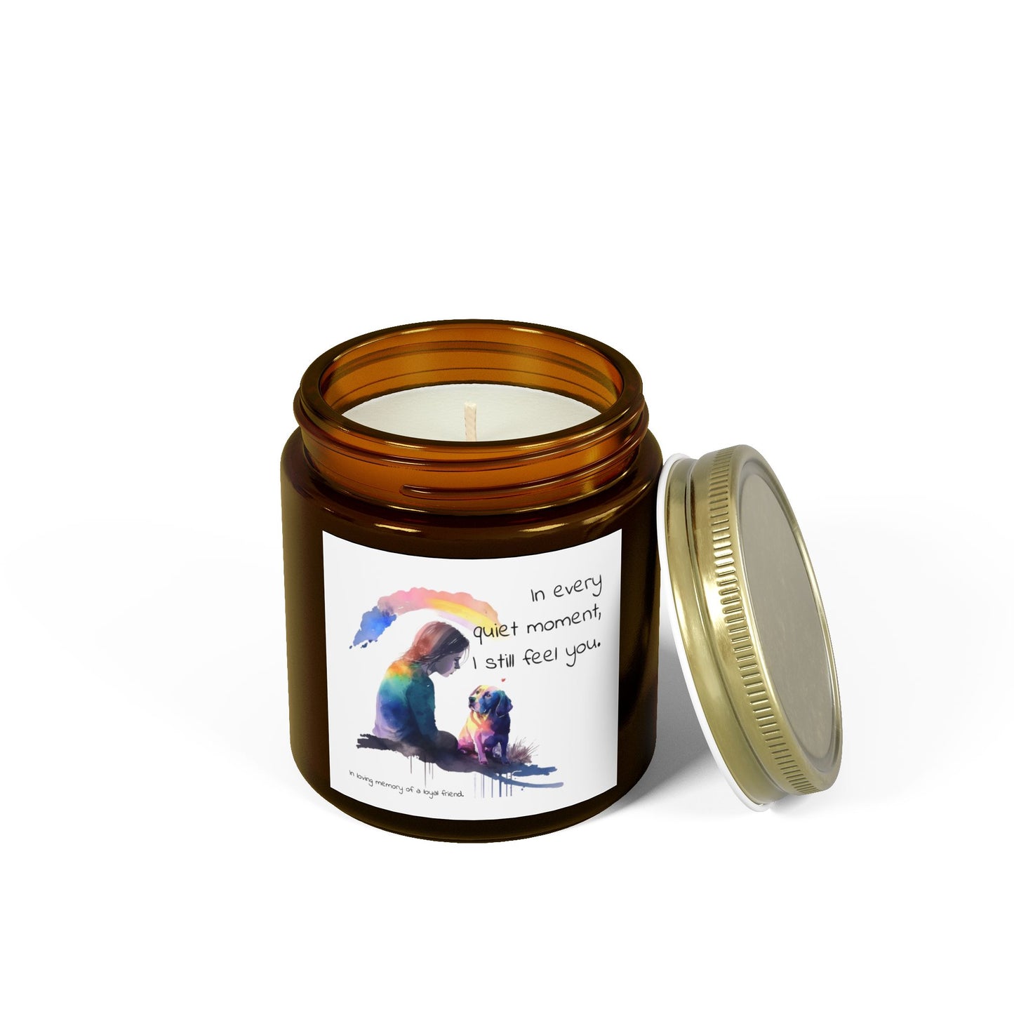 Pet Memorial Candle – “In Every Quiet Moment” Quote with Woman & Dog Illustration | Scented Tribute for a Loyal Friend