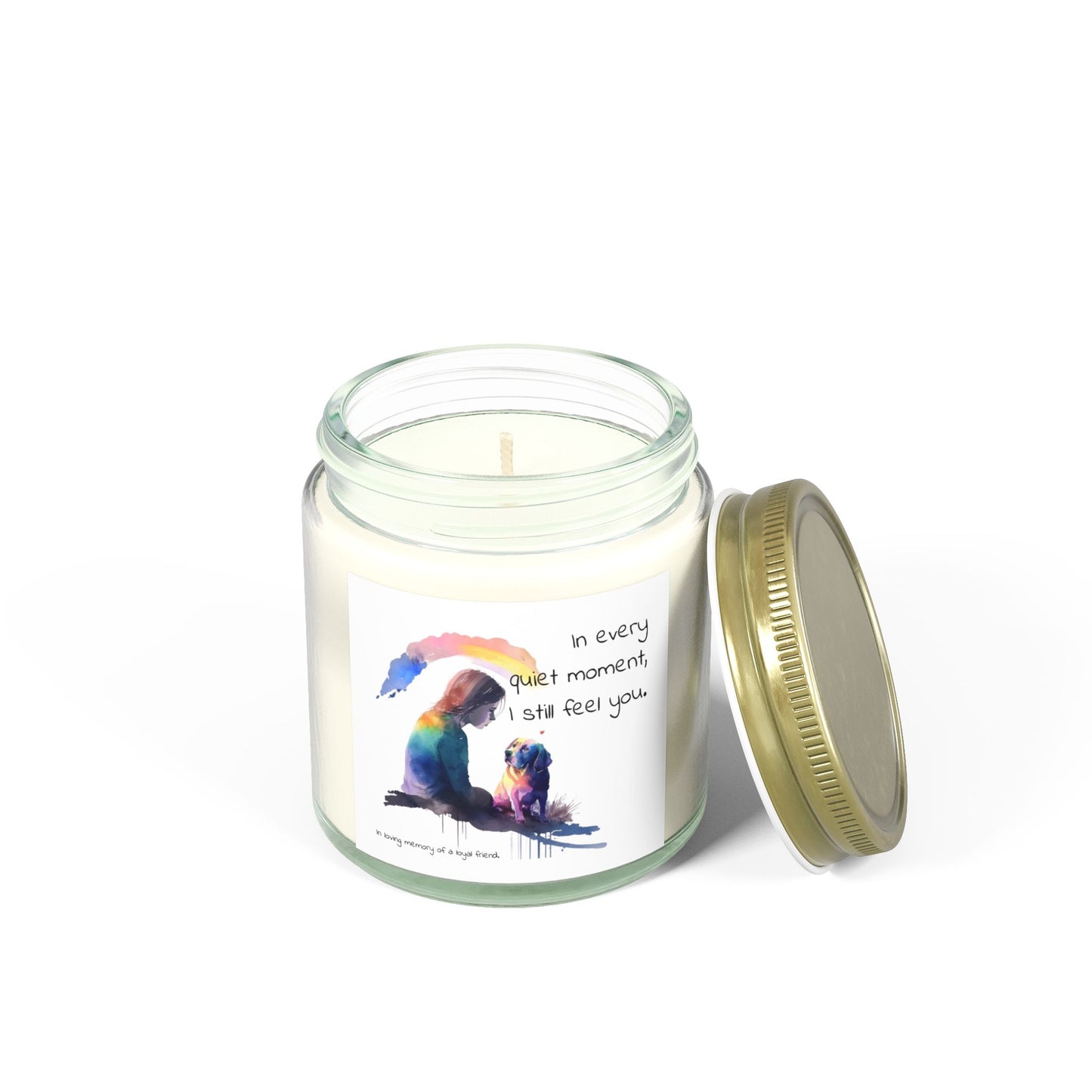 Pet Memorial Candle – “In Every Quiet Moment” Quote with Woman & Dog Illustration | Scented Tribute for a Loyal Friend